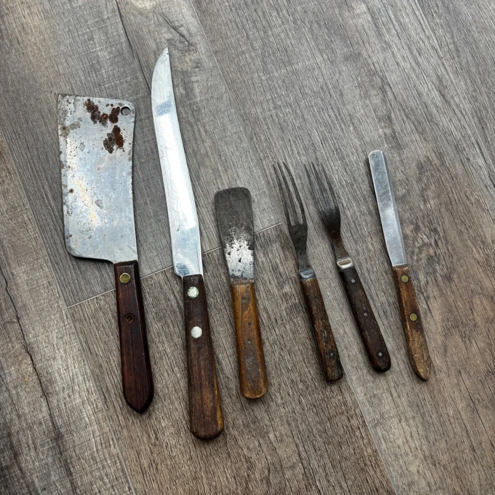 Vintage Wood‎ Handle Kitchen Knife Set Cleaver Slicer Forks Quikut Flint 6pc